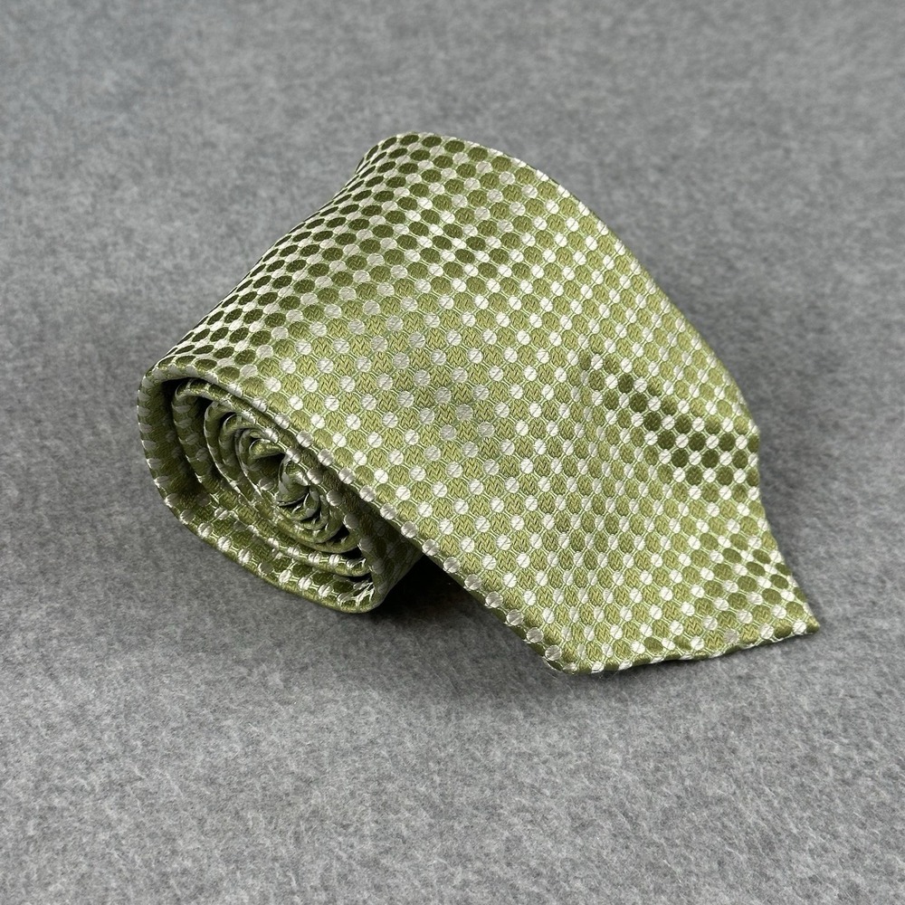Grant Thomas Hand Sewn Silk Tie Green White Geometric Dot Necktie